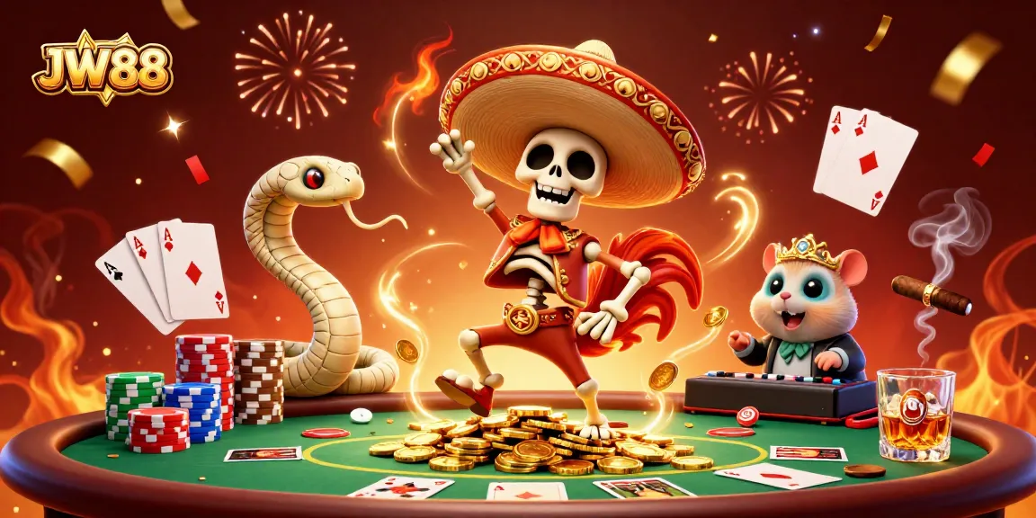 Experience the thrilling JW88 casino scene with a victorious rooster and dynamic gaming elements.