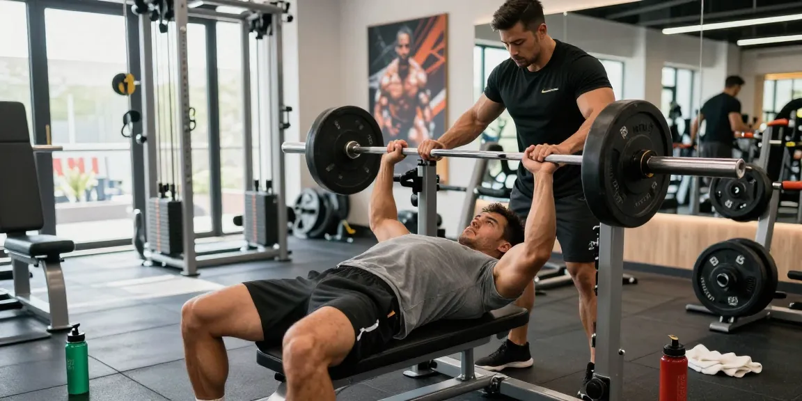 Pharmaqo shop showcasing athletic bodybuilder in a gym environment performing a bench press