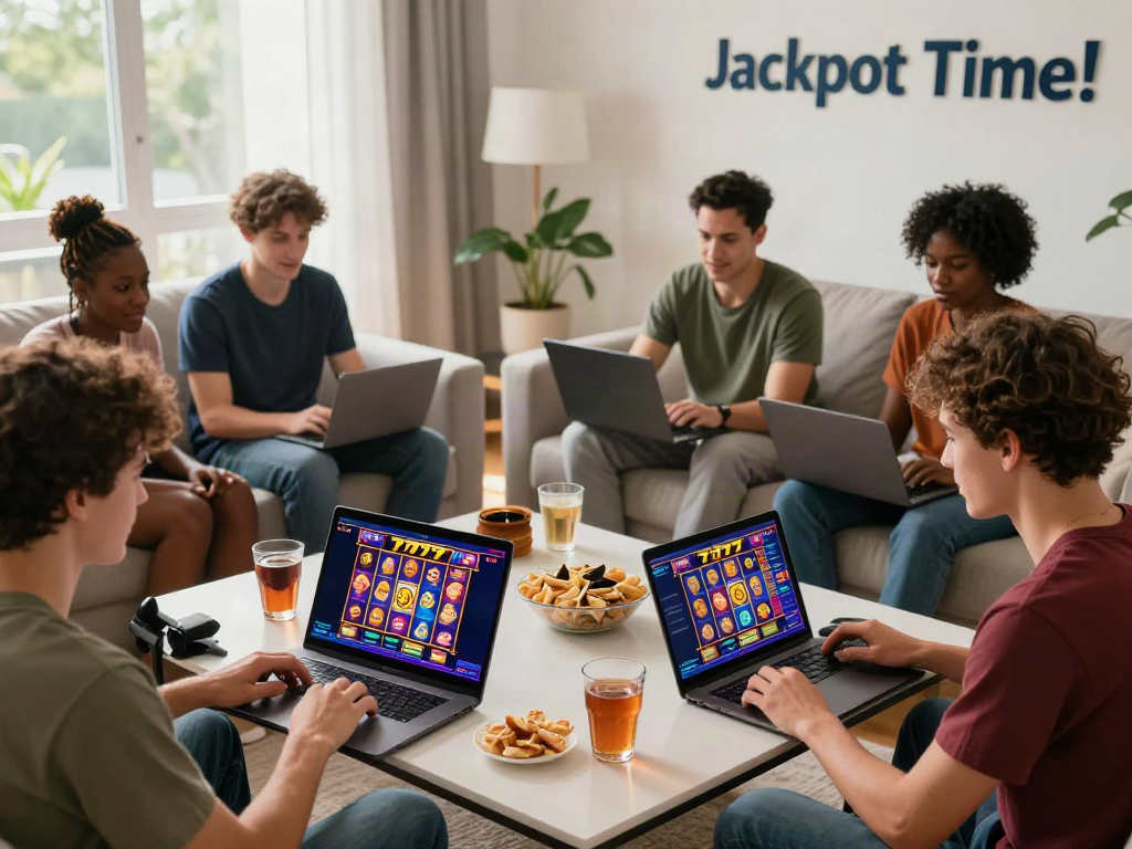 Pengguna bermain slot777 di rumah dengan suasana ceria dan makanan ringan.