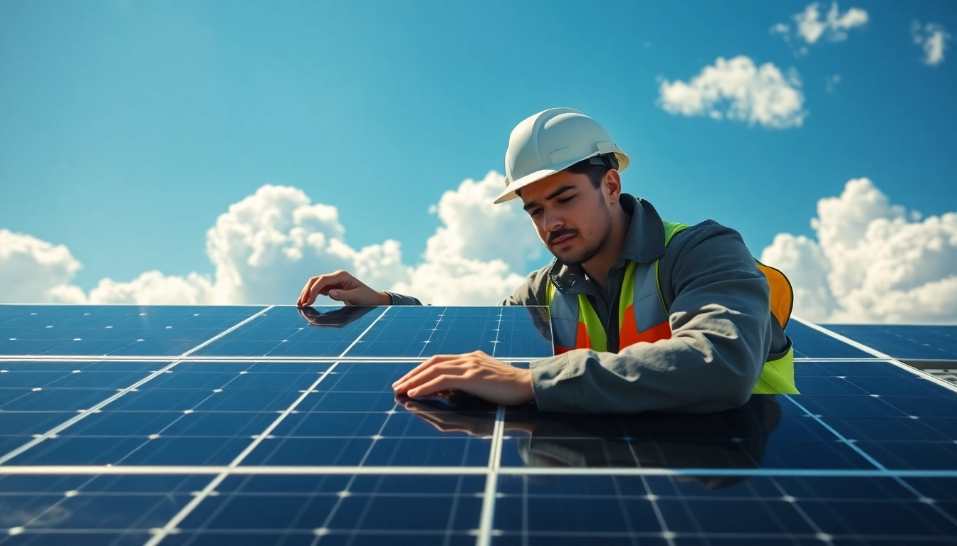 Technician engaged in solar panel repair work on a rooftop, showcasing expert skills.