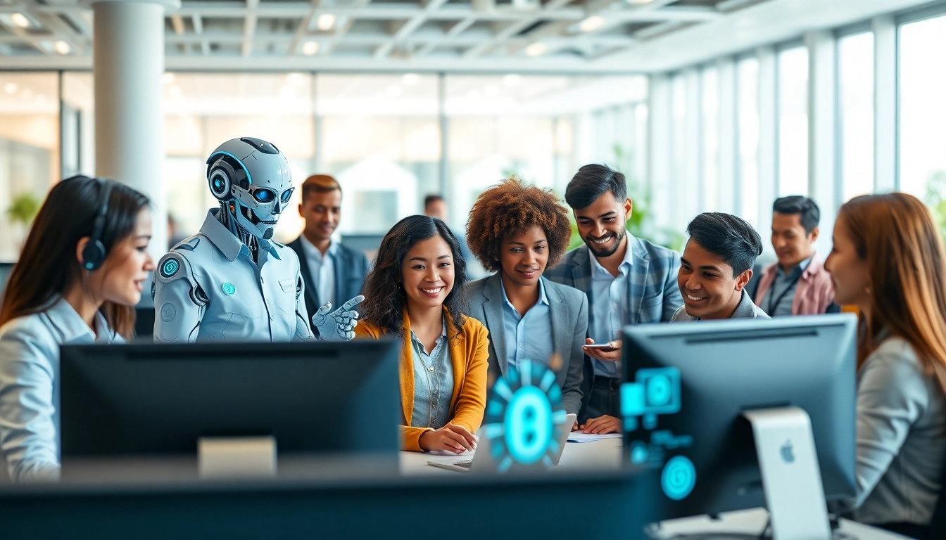 Engaging AI agents collaborating with users in a modern office setting.