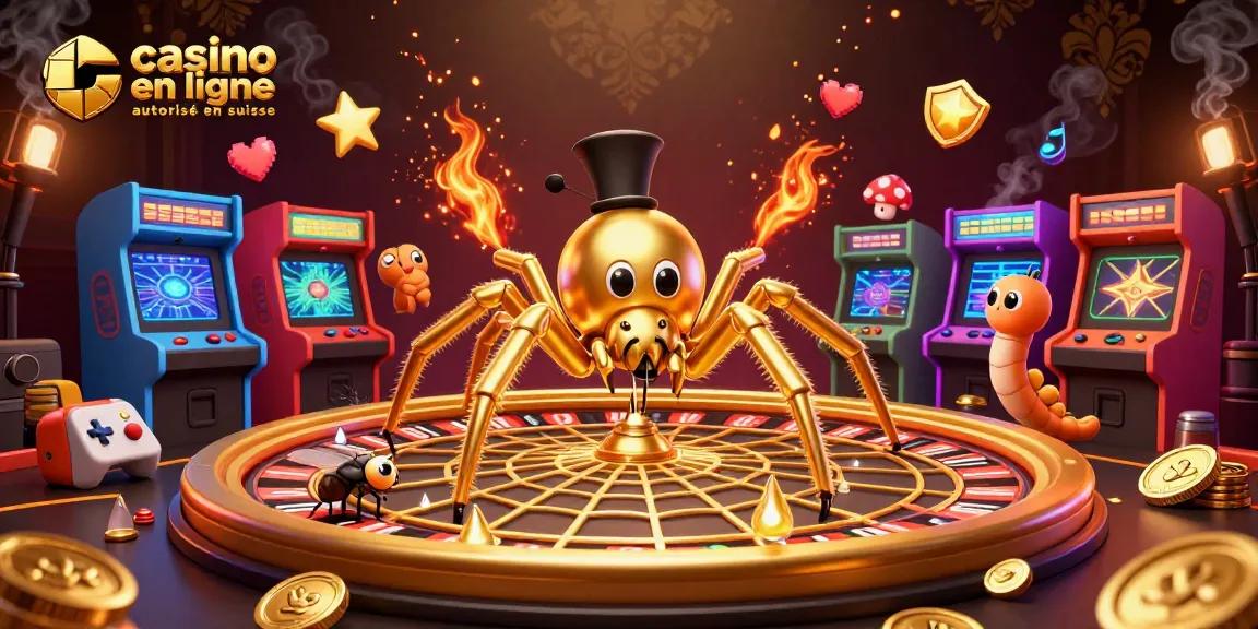 Le contenu captivant d'un casino en ligne autorisé en Suisse, illustrant une araignée d'or et un croupier centipède.