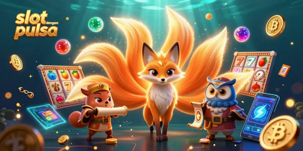 Experience exciting slot dengan pulsa action with a vibrant nine-tailed fox spirit and wise owl in a captivating casino setting.