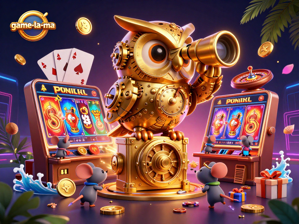 Engage with game-la-ma's thrilling casino experience featuring an enchanting clockwork owl.