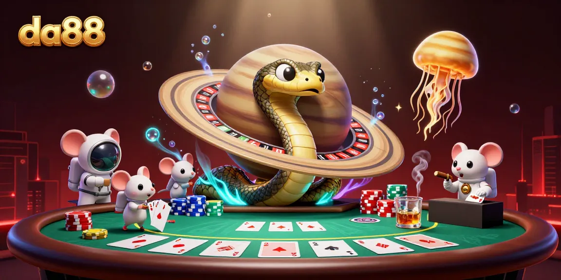 da88 engages players with a cosmic casino scene featuring a dynamic Saturn snake and gambling astronauts.
