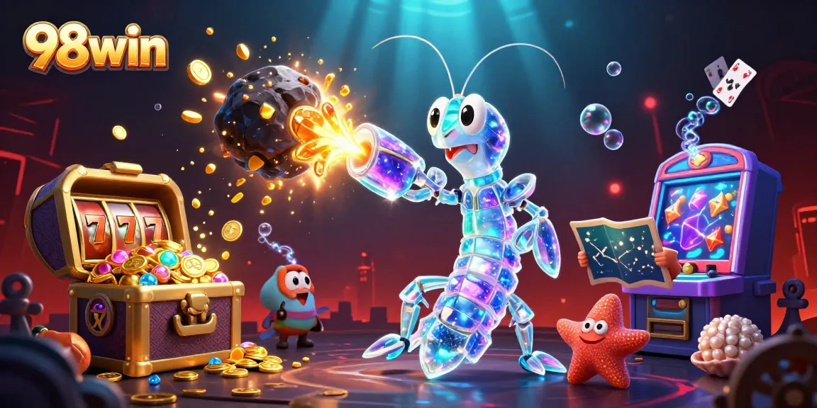 Experience excitement at 98win with vibrant slot games and treasure characters exploding with gems.