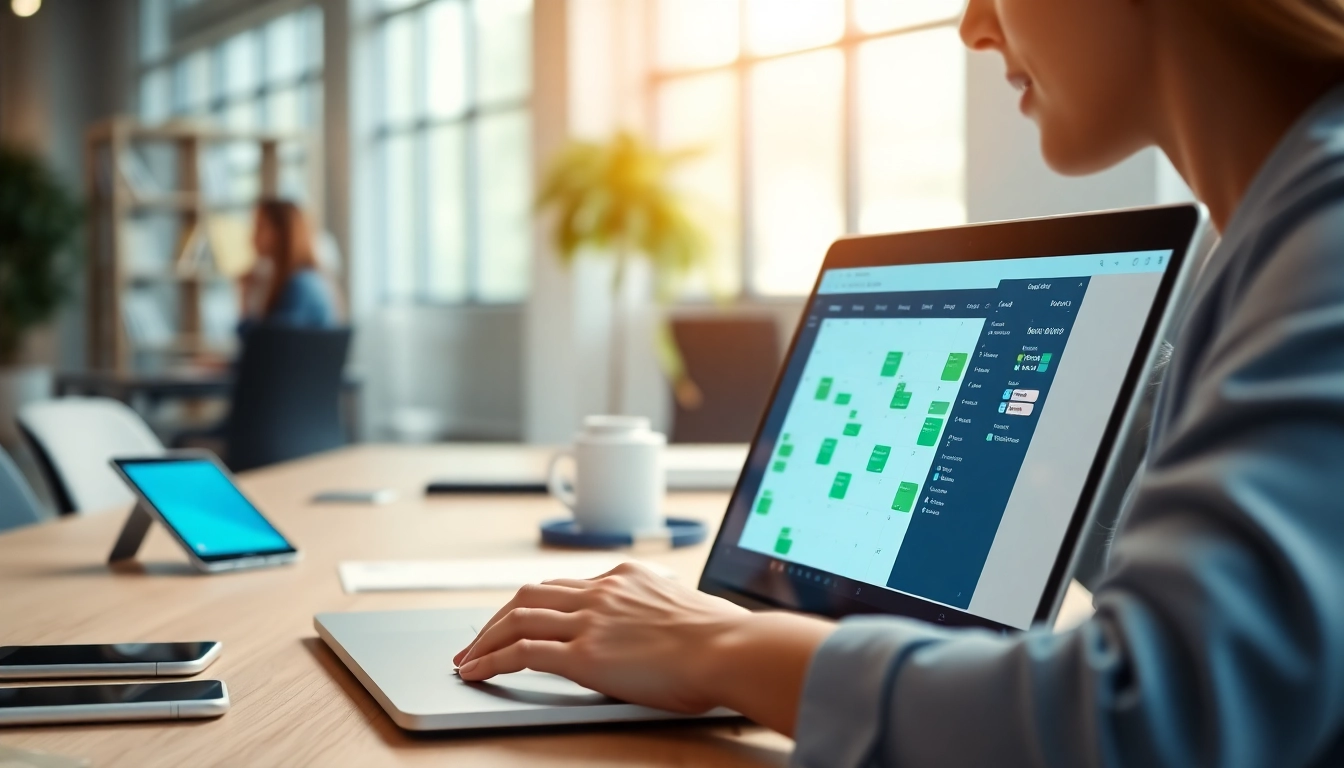 Explore the virtual assistant scheduling tool interface displayed on a laptop in a modern office setting.