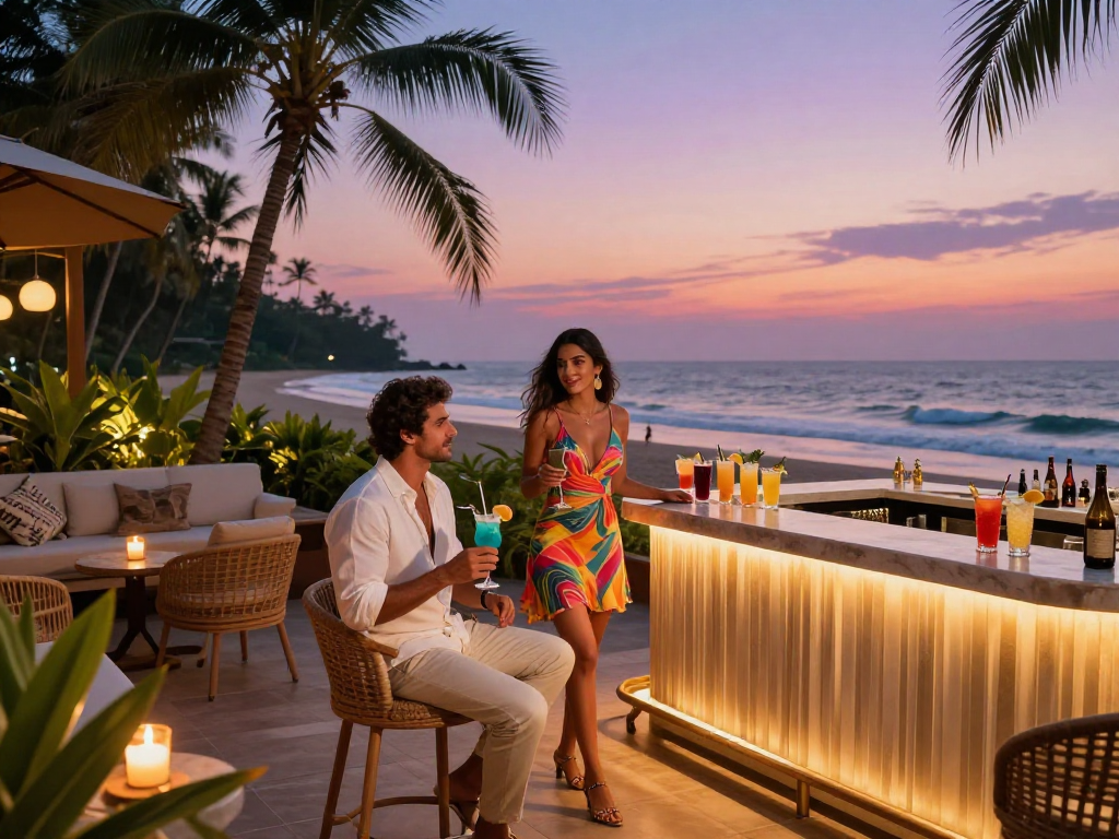 Goa call girls enjoying a luxury sunset cocktail experience on a hotel terrace, embodying elegance and allure.