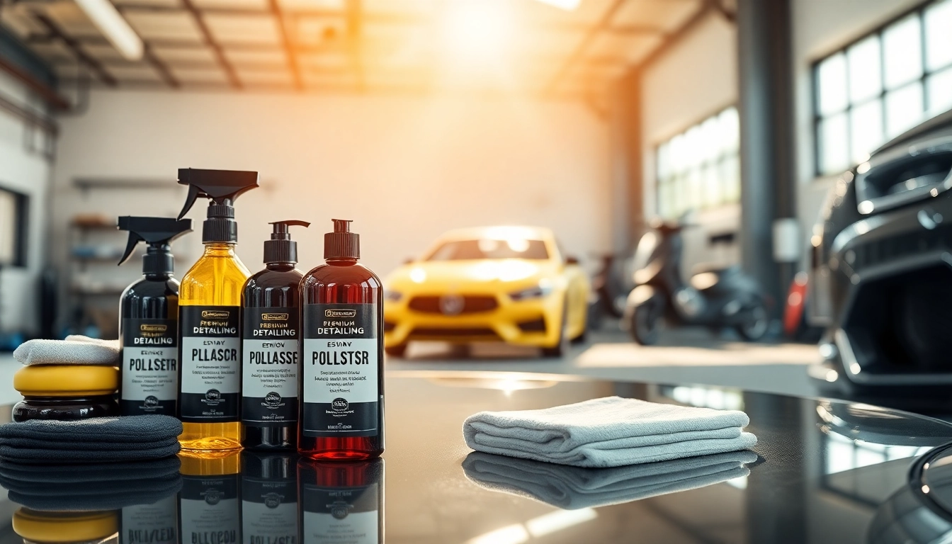 Explore car detailing products Canada with an array of professional detailing supplies in a modern garage.