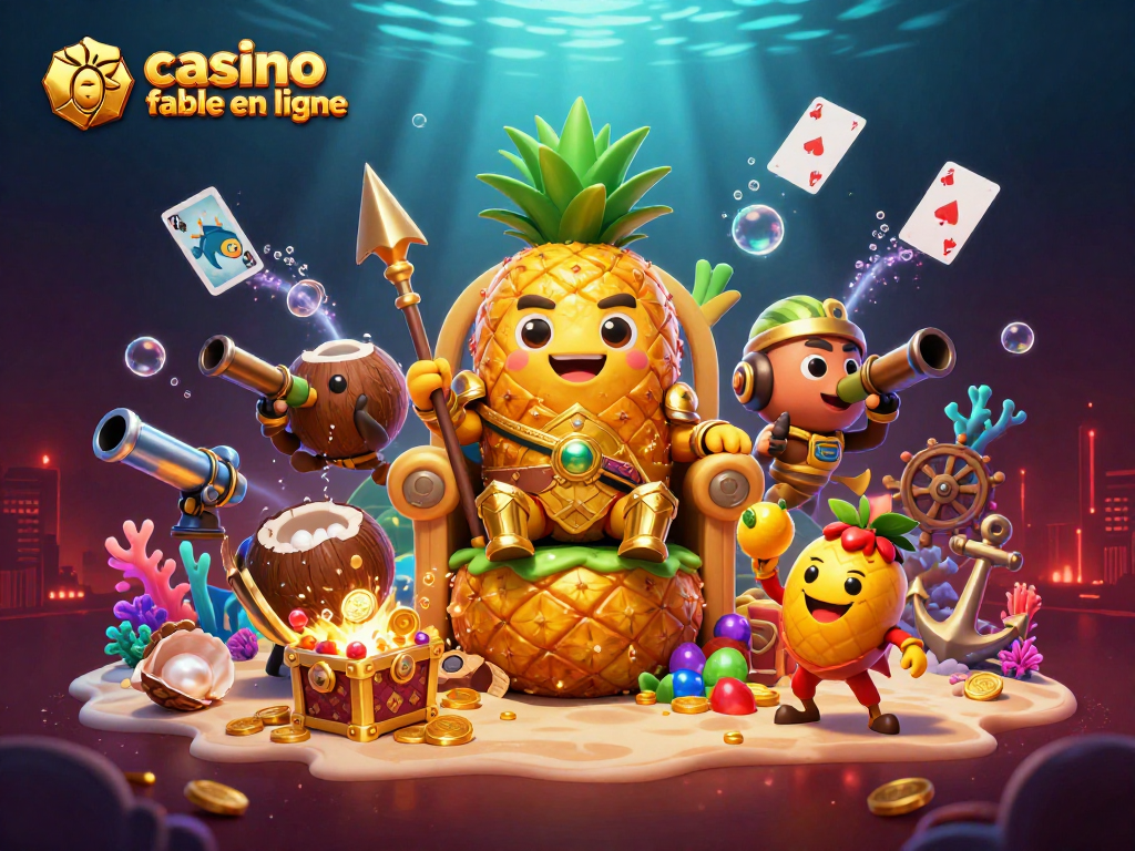 Illustration d'un casino fiable en ligne avec roi ananas, gardes en noix de coco et jongleur, ambiance dynamique et colorée.