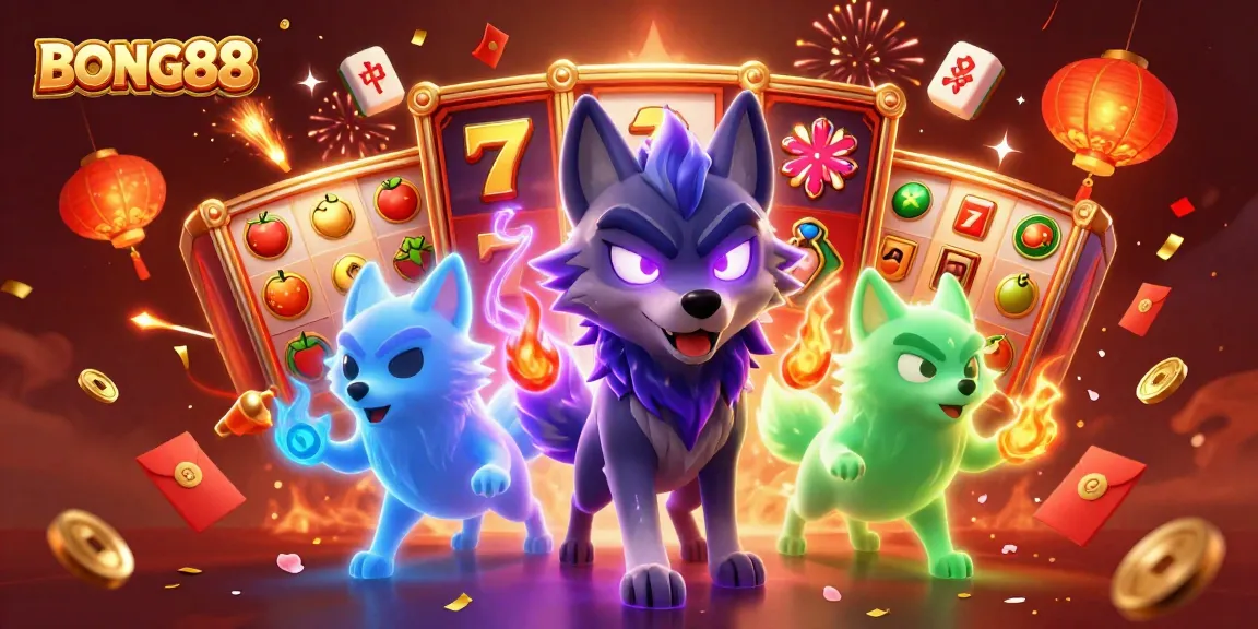 BONG88 showcases thrilling slot action with a dynamic wolf pack and vibrant game elements.