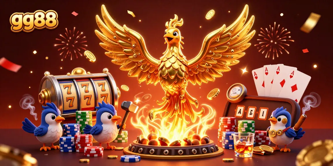 Spin to win with gg88's dynamic casino scene showcasing a golden phoenix and thrilling slot action.