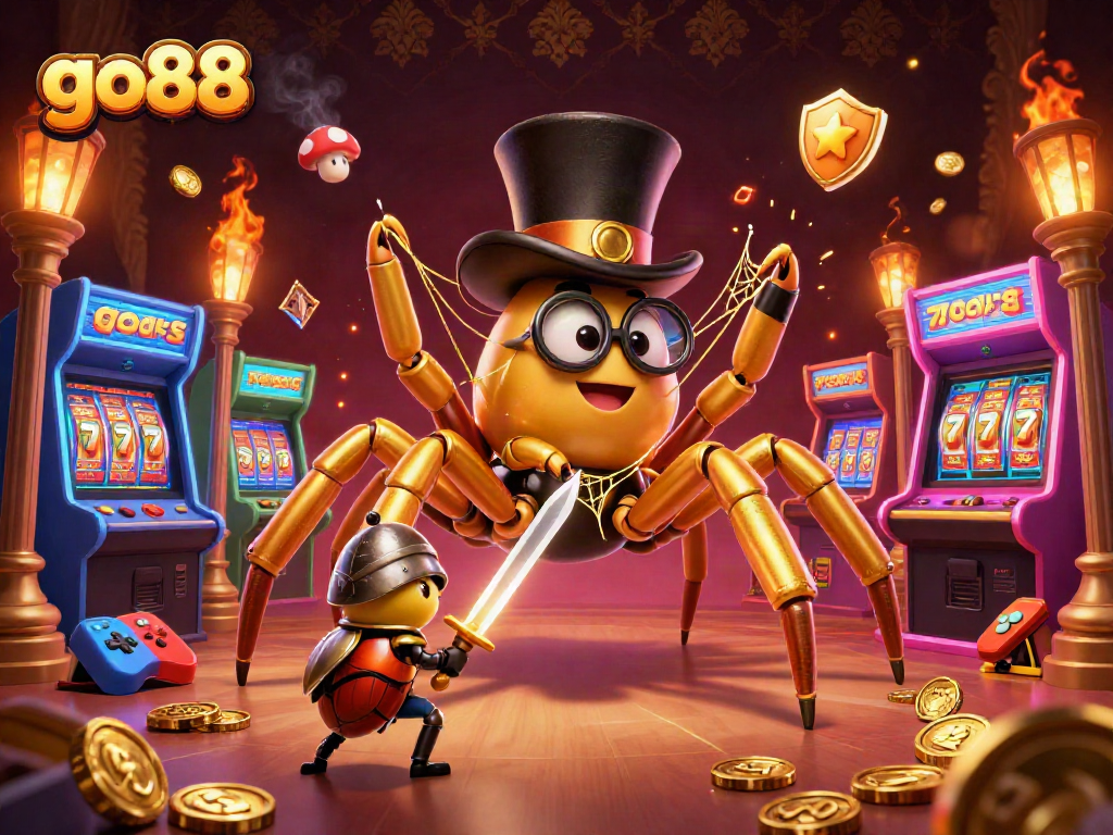 Join the go88 adventure with vibrant casino elements, featuring a golden tarantula and brave beetle knight.