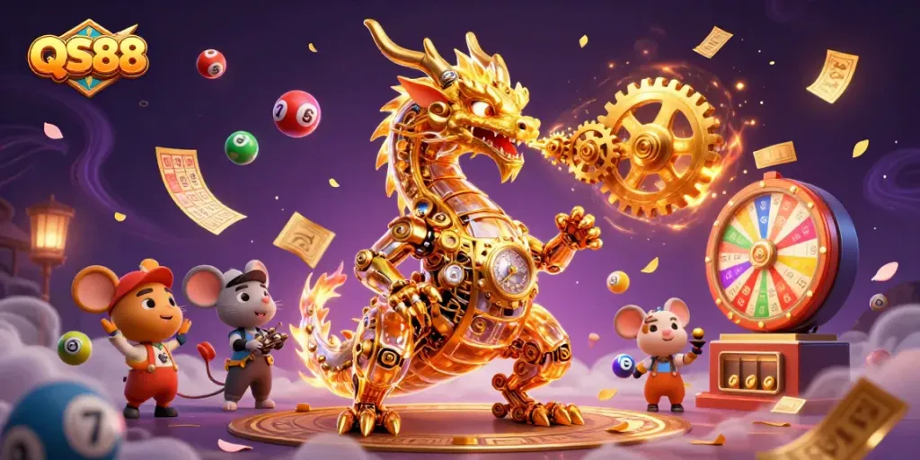 Engage with exciting QS88 lottery action in a dynamic casino-themed illustration.