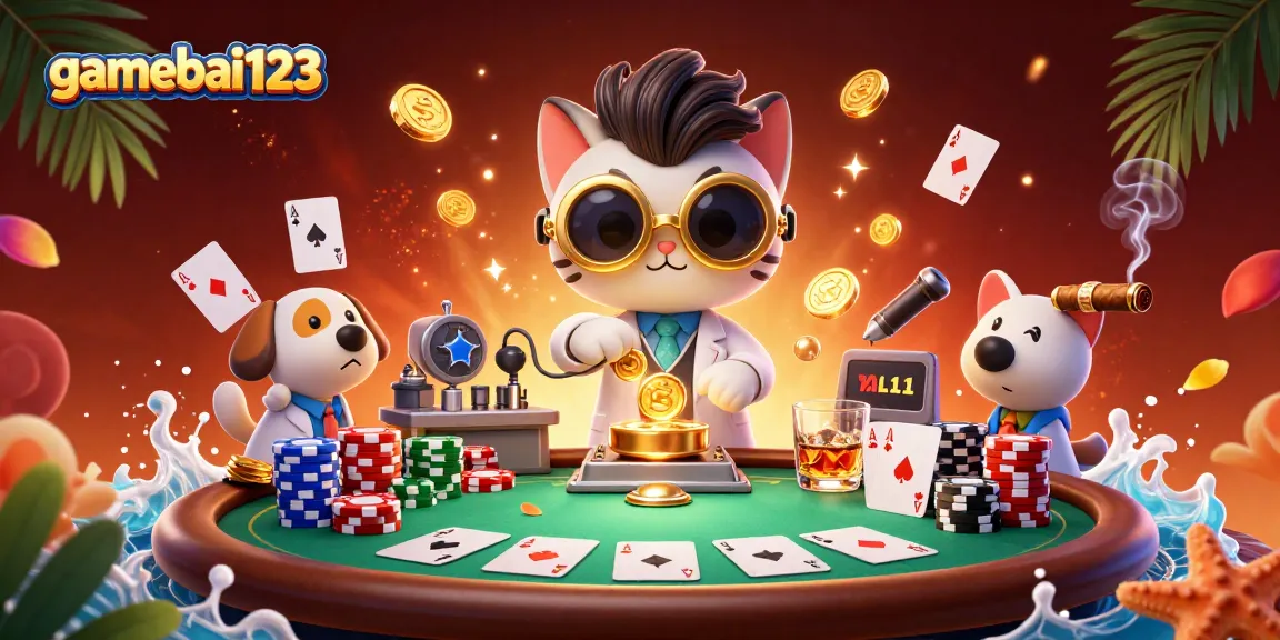 Engage in thrilling gameplay at gamebai123 with a lively cartoon scene featuring a scientist, dog, and poker elements.
