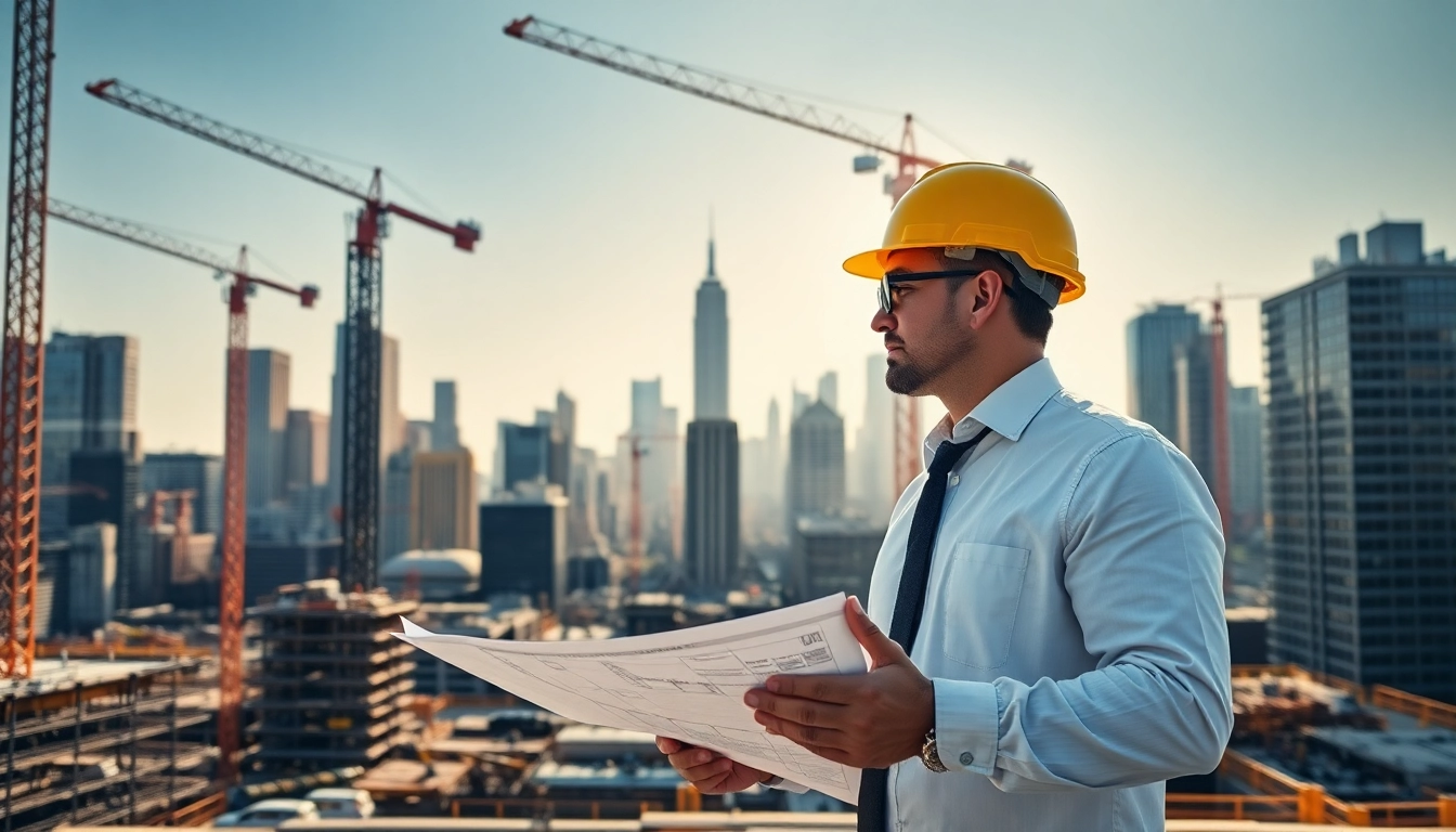 Manhattan Construction Manager directing a vibrant construction site amidst NYC's skyline.