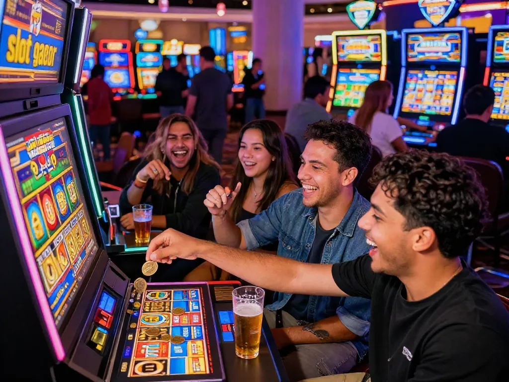 Friends celebrating a jackpot at a colorful slot gacor machine in a casino.