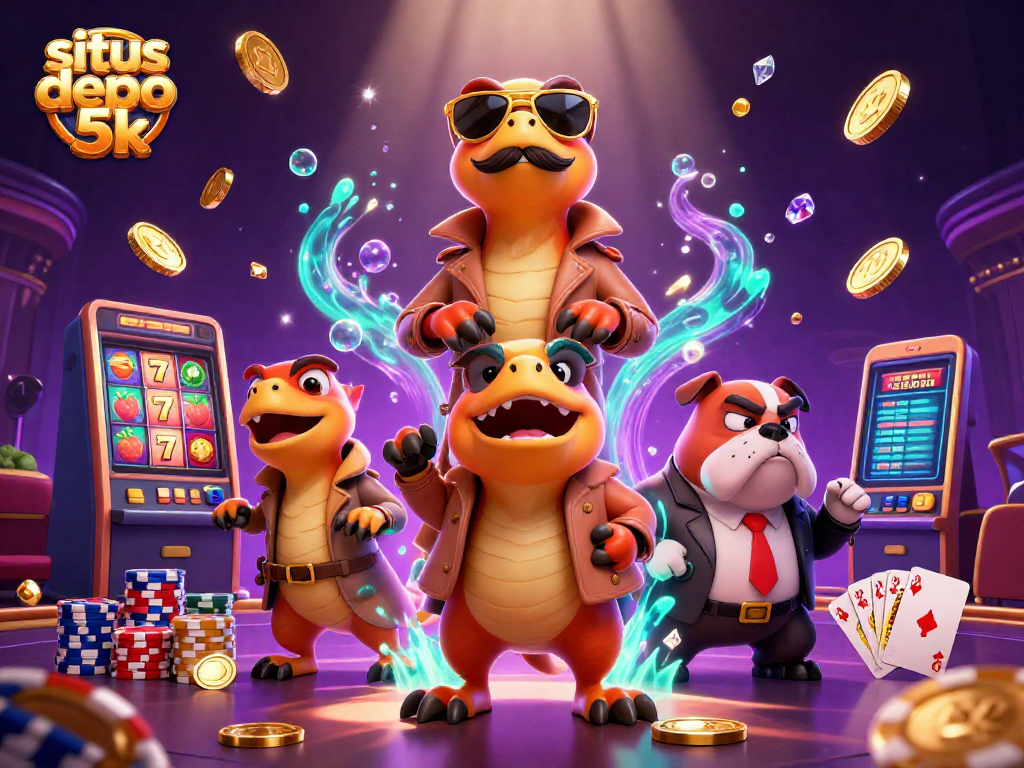Experience situs depo 5k excitement with raptors and vibrant casino elements in action.