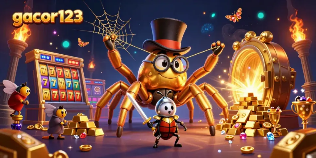 Experience the excitement of gacor123 as a golden tarantula weaves winning slot reels and treasures in a vibrant casino scene.