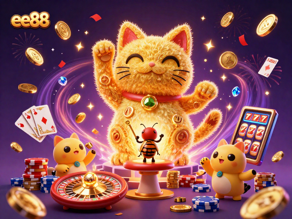 Win at ee88 with a dazzling display of casino symbols, fireflies, and a lucky cat guiding your fortune.