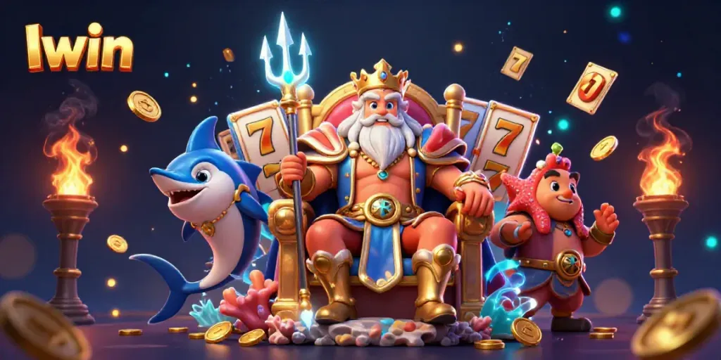 Iwin showcases wealth and excitement with Neptune and gaming elements in a vibrant 3D scene.