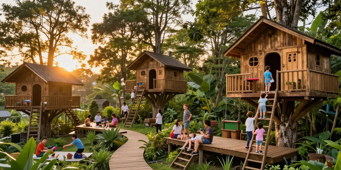 Treehouses amidst lush greenery, families enjoying outdoor activities in nature.