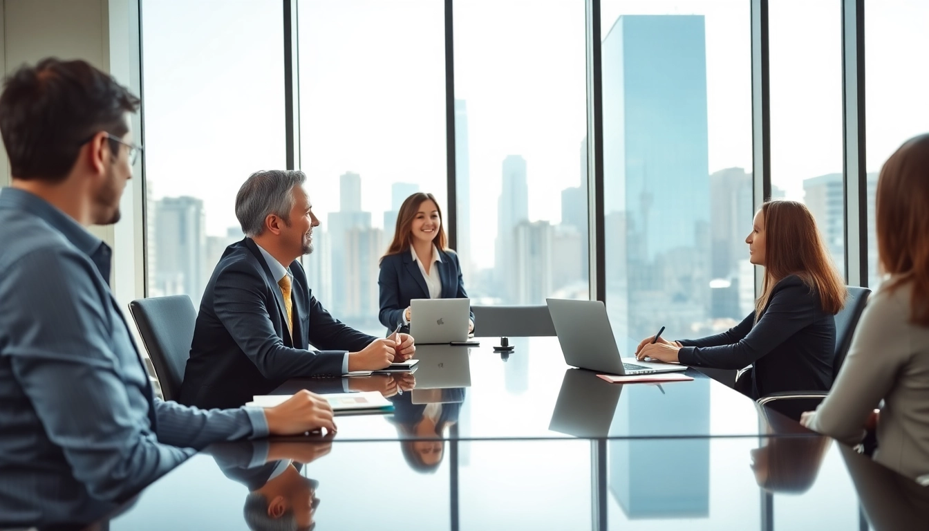 Escrow Services agent facilitating a discussion with clients in a professional setting.
