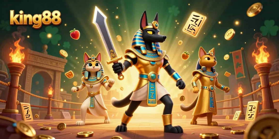 Engage in thrilling gameplay at king88 featuring an ancient Egyptian warrior and sacred cat in a lively casino setting.
