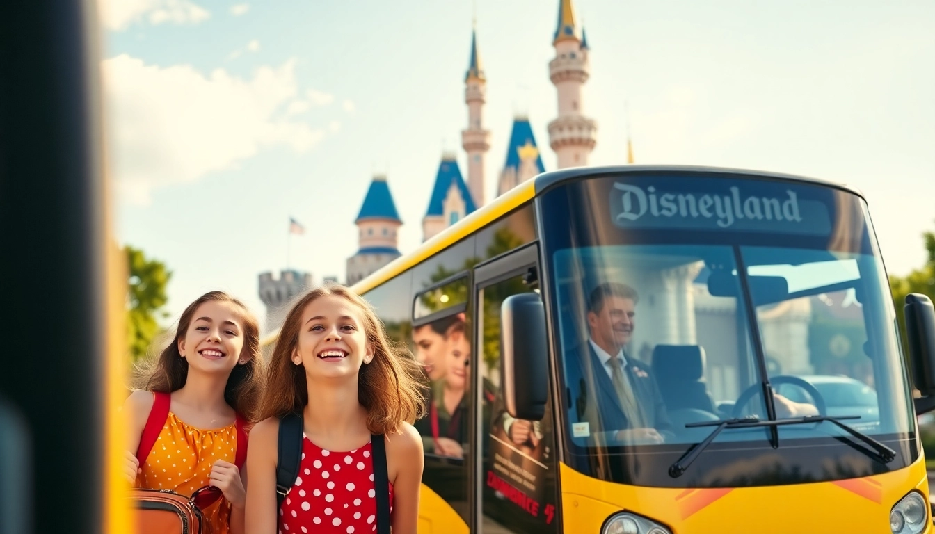 Capture transfers from paris airport to disneyland scene with a family boarding a shuttle bus.