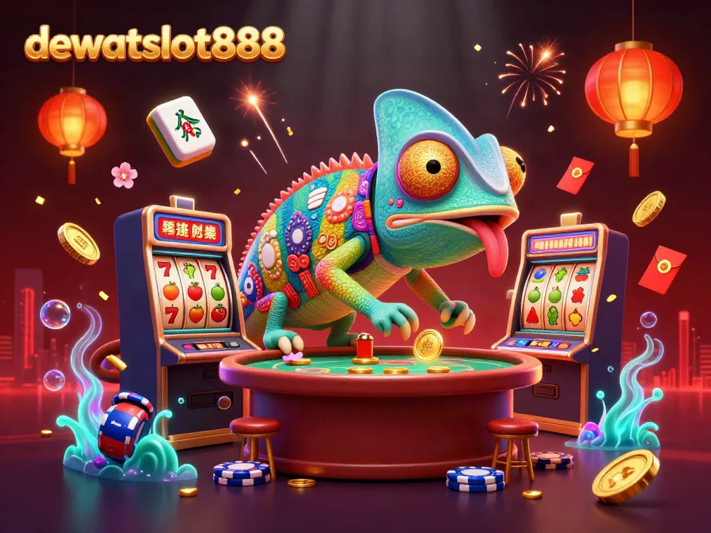 Ilustrasi kasino digital dewataslot888 dengan chameleon pemilik, simbol slot, dan hadiah mewah.