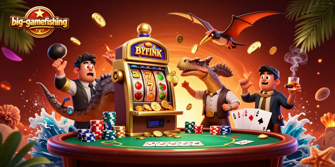 Experience big-gamefishing excitement with a dinosaur-themed slot machine jackpot scene.