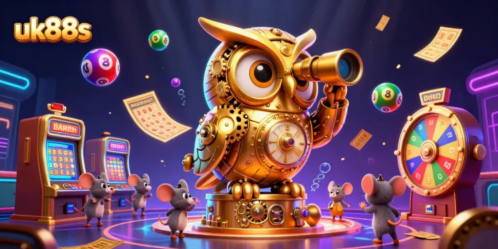 Experience excitement with uk88s as the golden owl oversees a bustling casino floor with vibrant game elements.