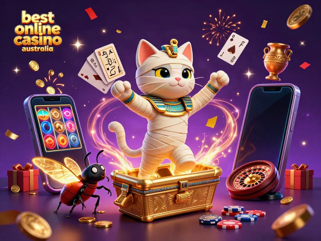 Engaging scene showcasing the best online casino Australia with a cartoon mummy cat and vibrant gaming elements.