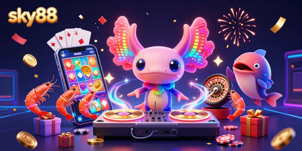 Engage with exciting gaming at sky88 featuring a neon axolotl DJ and vibrant casino elements.