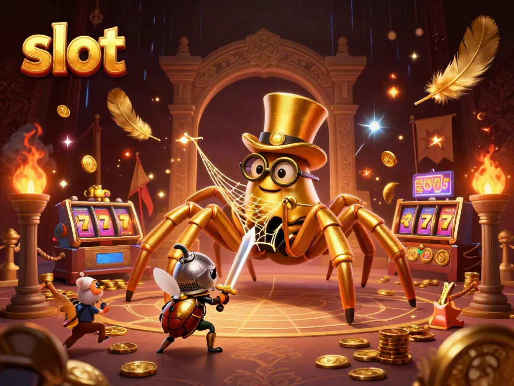 Menyaksikan slot di kasino saat jaring emas ditenun oleh tarantula raksasa dalam ilustrasi 3D.