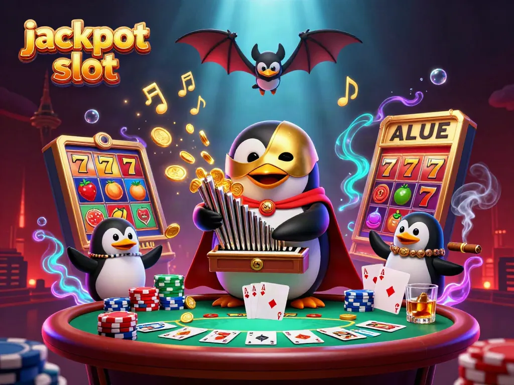 Experience the excitement of jackpot slots with a cartoon penguin surrounded by vibrant game elements.