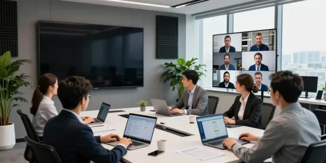 Deepfake protected Conferencing in a modern meeting room with advanced technology.