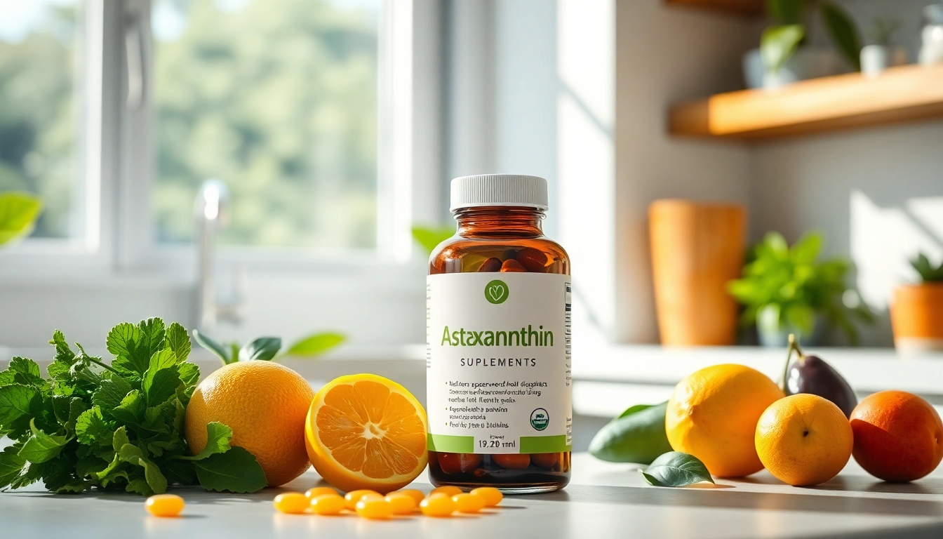 Engaging astaxanthin dosage guide visual with supplements and fresh produce on display.
