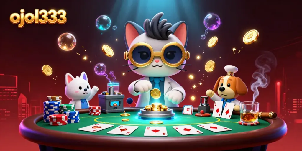 Experience intense gaming moments with OJOL333's thrilling poker scene featuring a mad scientist cat and loyal dog.