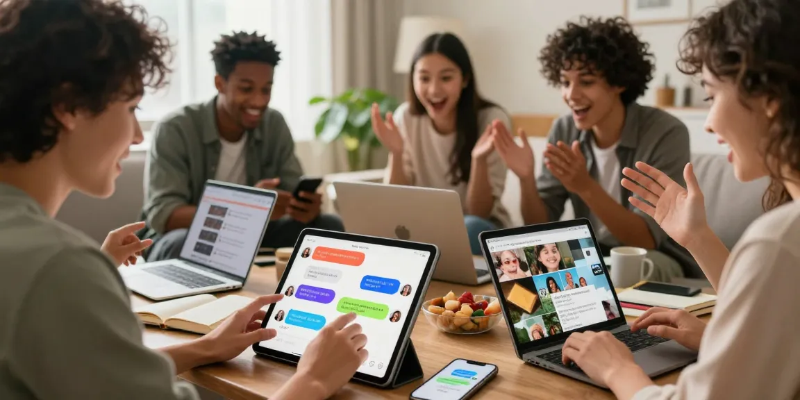 Engaging scene of diverse individuals enjoying spicy chat ai on their devices in a cozy living room.