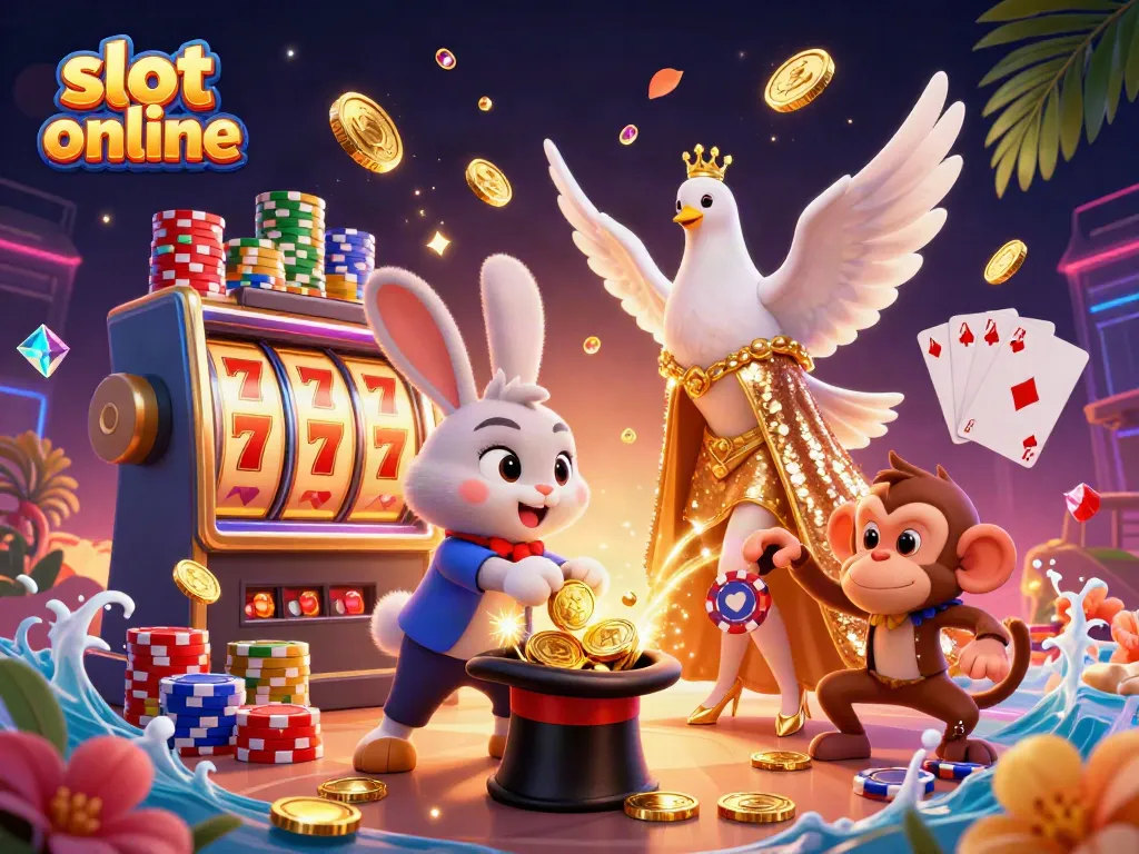 Experience electrifying slot online excitement with a cartoon rabbit magician pulling gold coins, lively characters, and rich casino elements.