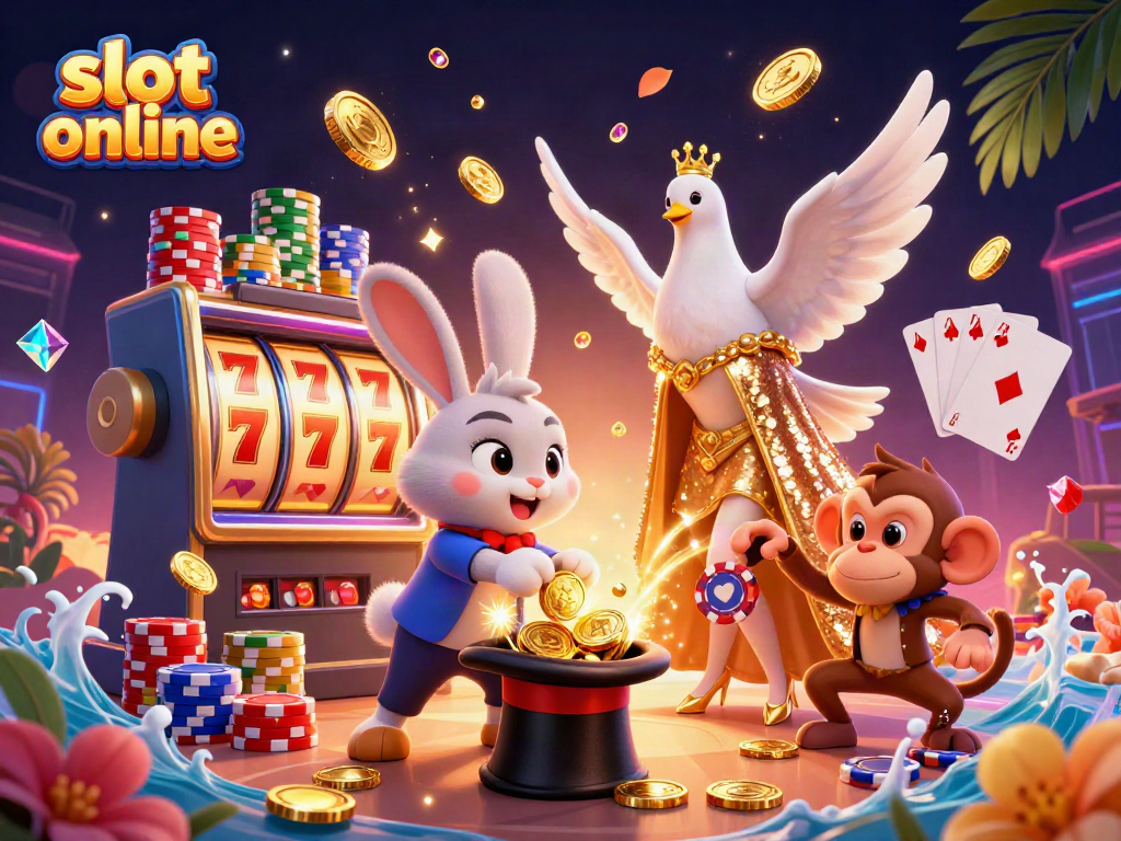 Experience electrifying slot online excitement with a cartoon rabbit magician pulling gold coins, lively characters, and rich casino elements.