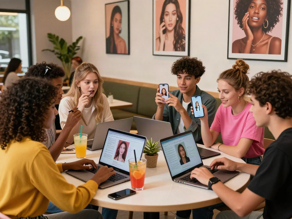 Group enjoying an interactive attractive test at a café, discussing beauty standards.