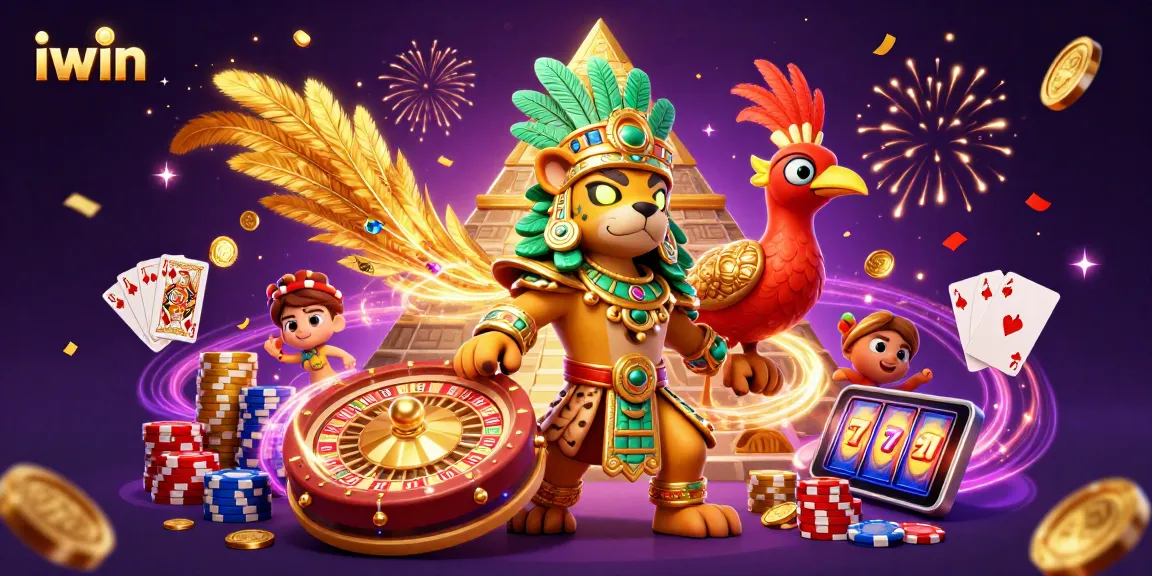 Win big with iwin's 3D casino illustration showcasing vibrant characters and thrilling gameplay elements.