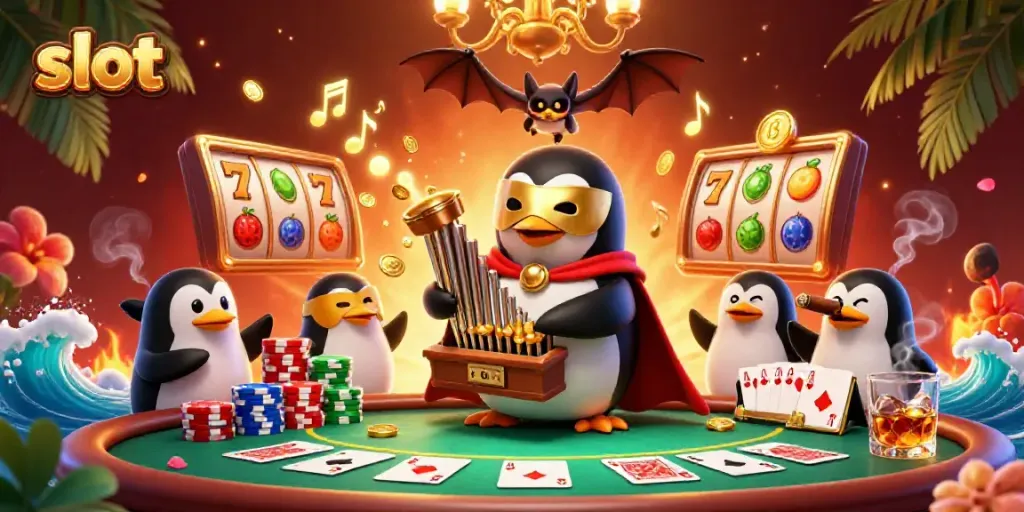 Engaging slot scene featuring a penguin playing an organ with coins flowing, surrounded by vibrant casino elements.