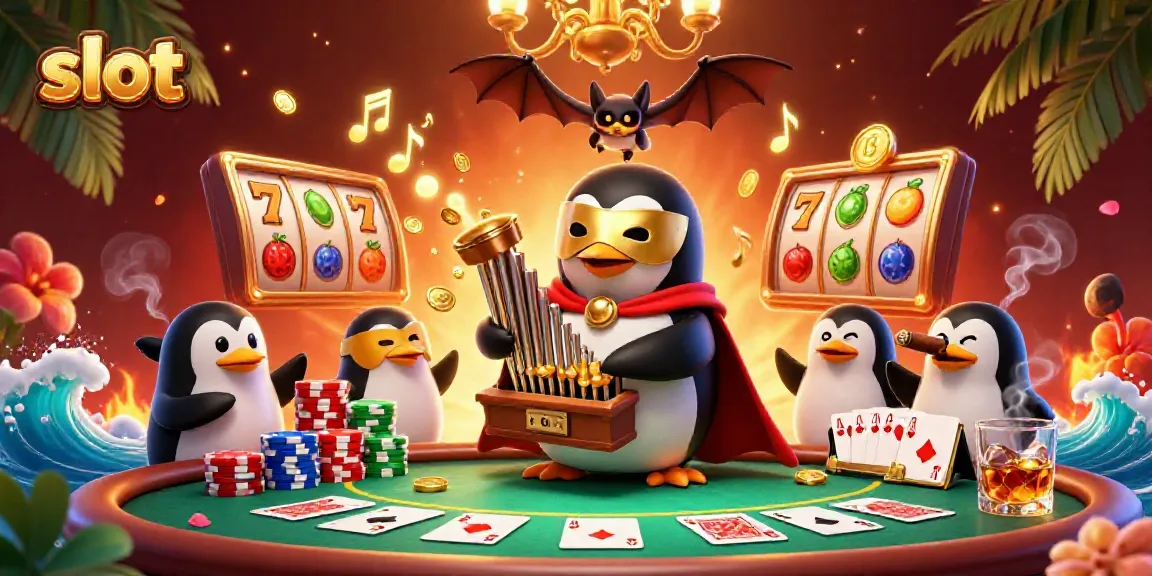 Engaging slot scene featuring a penguin playing an organ with coins flowing, surrounded by vibrant casino elements.