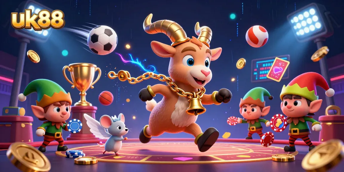 uk88 casino scene with a Krampus goat, angel mouse, and gremlins amidst dynamic sports betting elements.