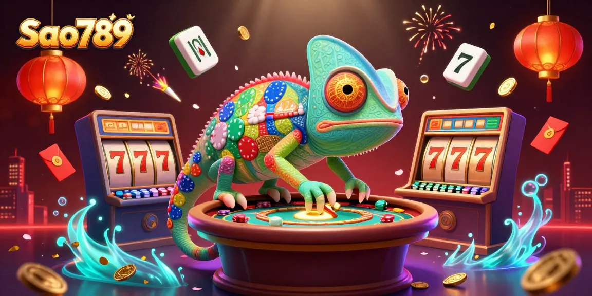 Sao789 chameleon casino owner catching golden coins surrounded by vibrant gambling elements.