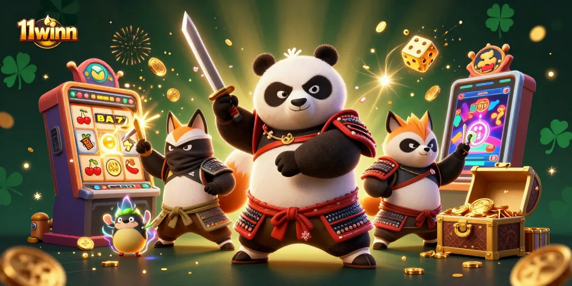 Experience thrilling gameplay with the 11winn samurai panda, ninja fox, and magical tanuki amidst vibrant casino elements.
