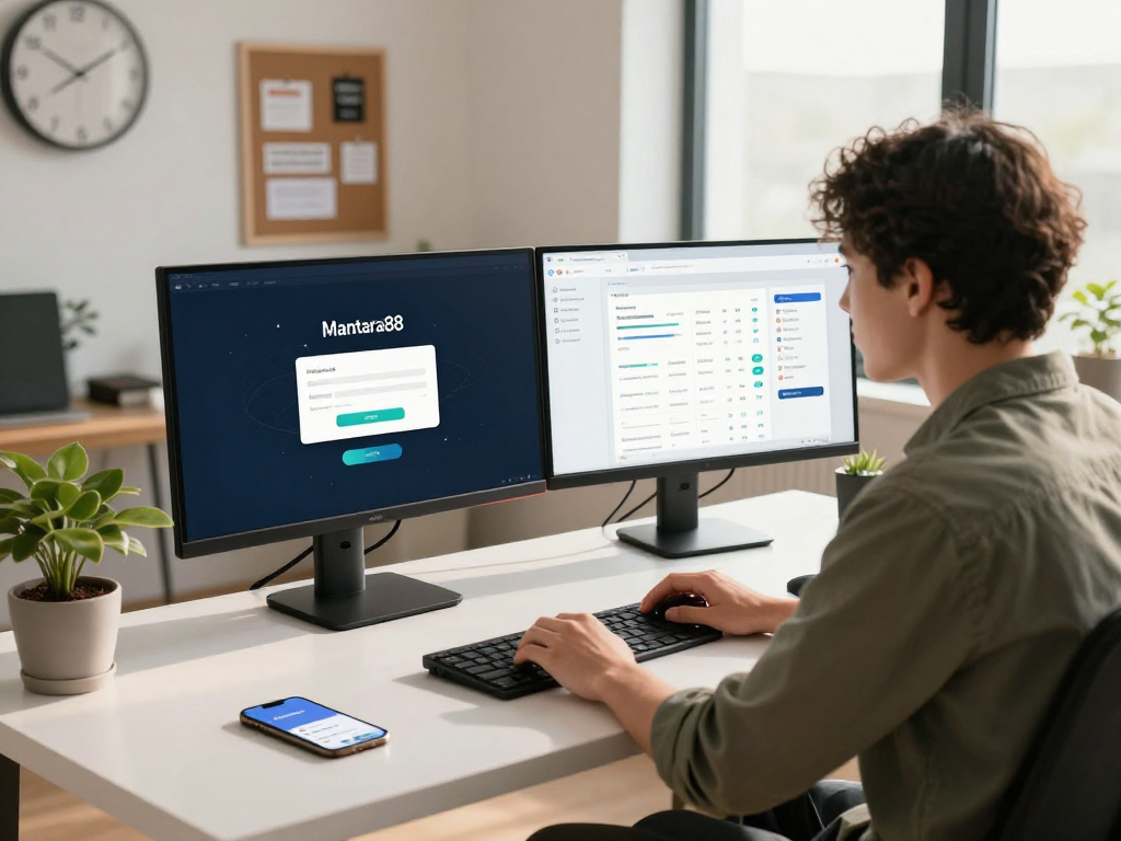 Engaged professional managing digital tasks at mantra88 login interface in a bright workspace.